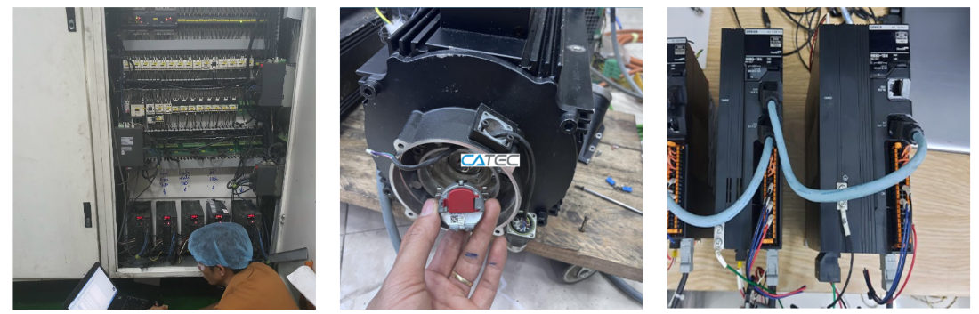 nhân viên catec đang sửa chữa servo tại xưởng